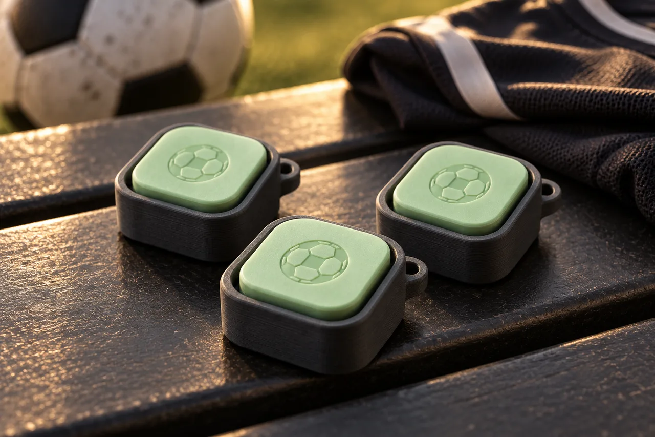 Collection illustrative pour une équipe de football : trois clickers identiques gravés d’un ballon.