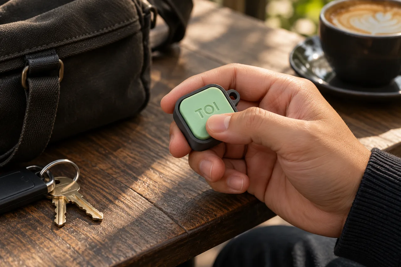 Scène illustrative : un clicker « TOI » graphite et menthe tenu dans la main, près d’un sac et de clés.