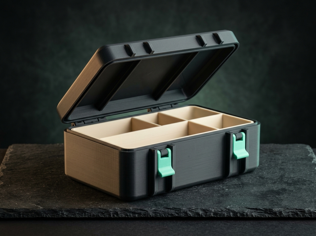 Boîte à charnière personnalisée anthracite imprimée en 3D avec fermoirs à levier menthe, entrouverte sur ses compartiments.
