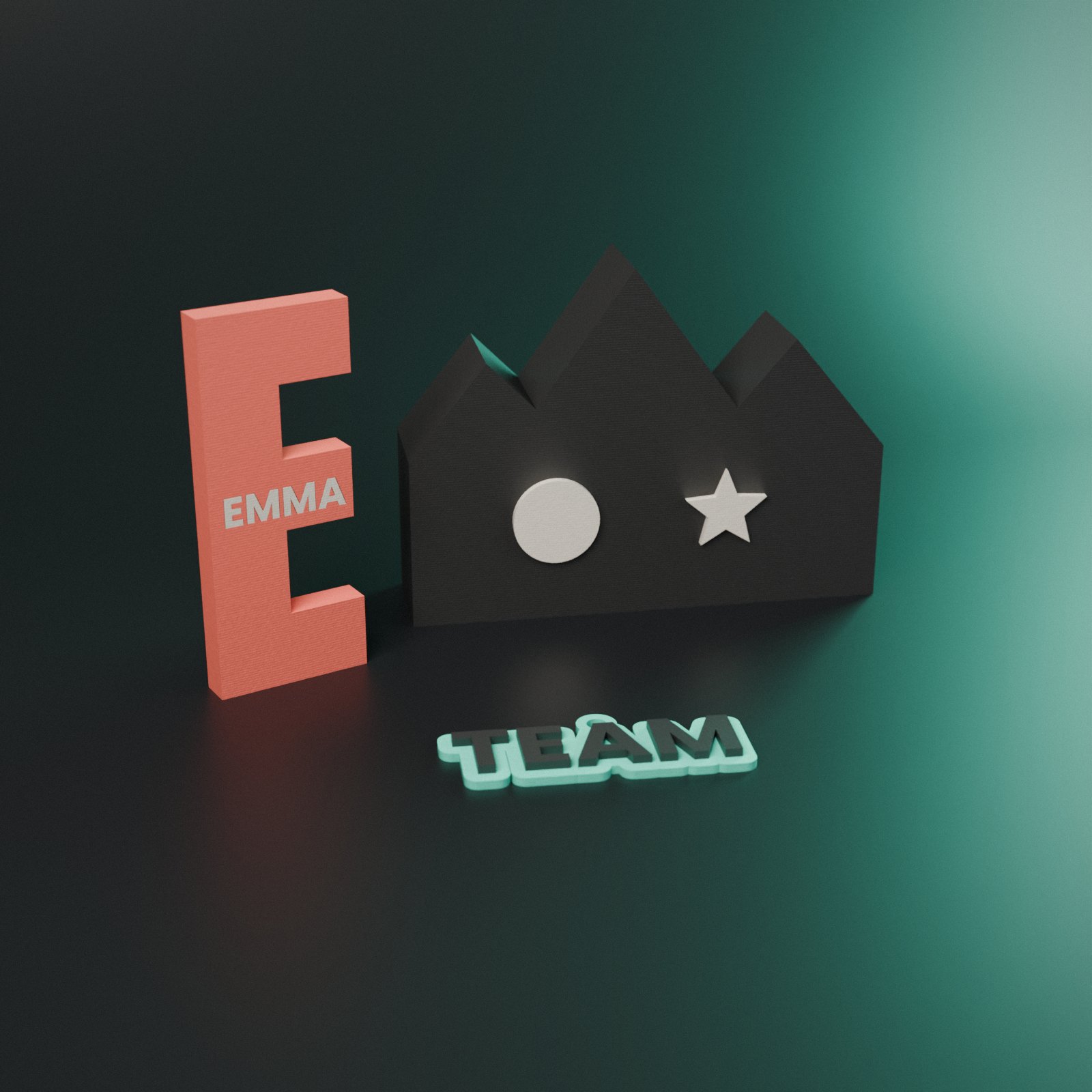 Rendu 3D d'une lettre décorative « E » avec le prénom EMMA, d'une veilleuse en forme de montagnes et d'un porte-clés TEAM