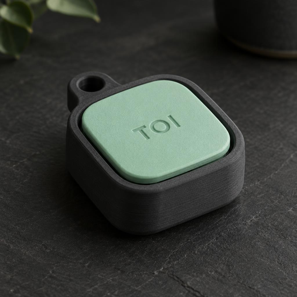 Clicker porte-clés imprimé en 3D, base anthracite et touche menthe gravée TOI, posé sur ardoise