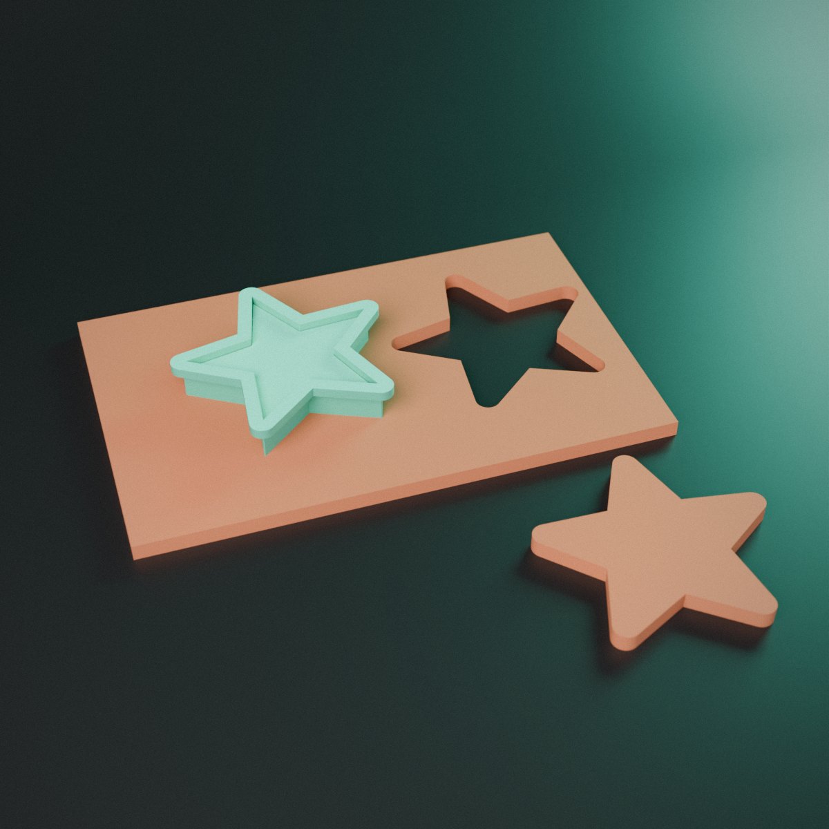 Rendu 3D d'un emporte-pièce étoile posé sur une plaque d'argile, à côté de l'étoile découpée