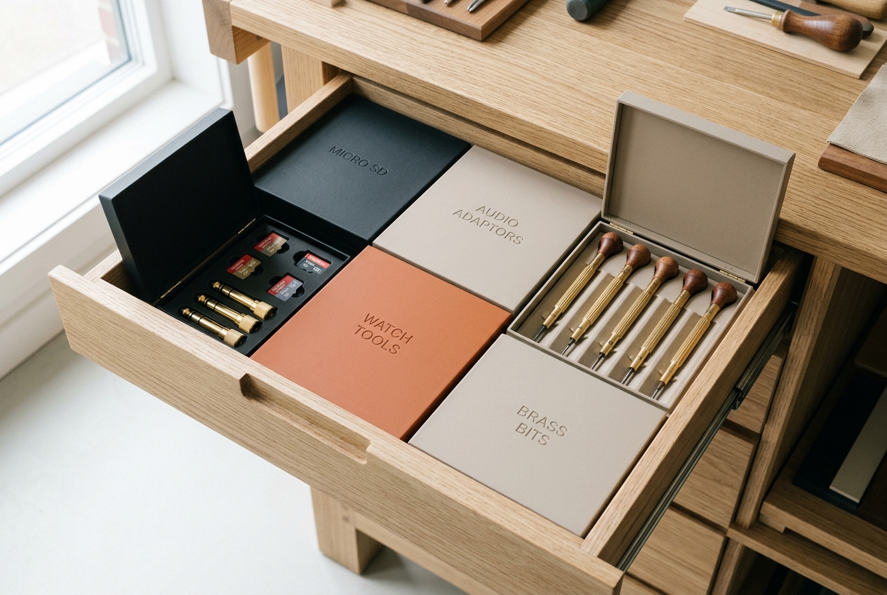 Organisation d'un tiroir d'atelier avec plusieurs boîtes à charnière sur mesure