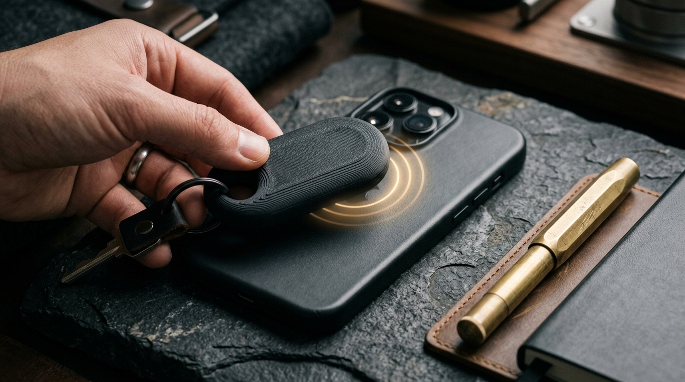Porte-clé NFC 3D noir mat en contact avec un smartphone