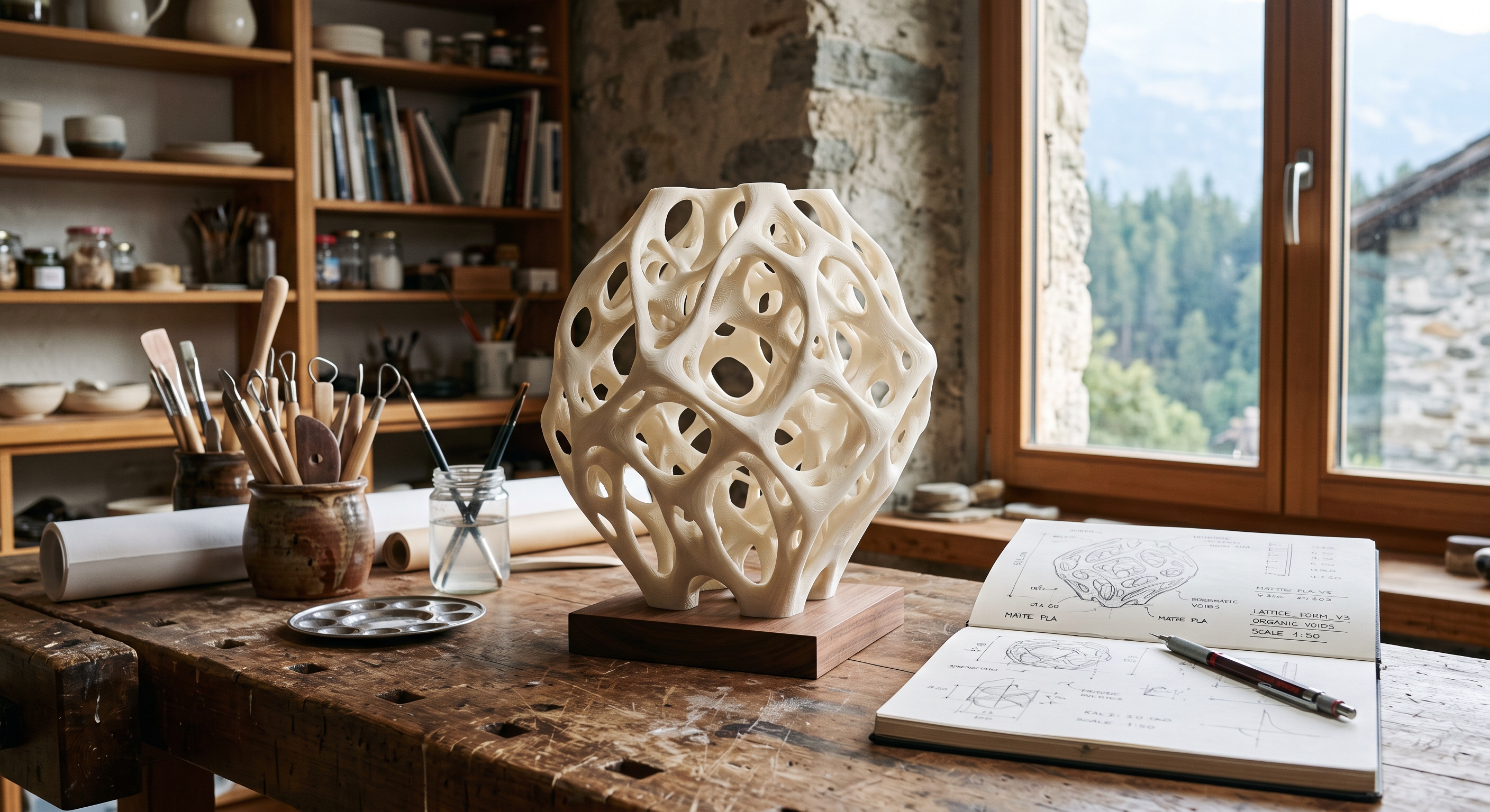 Prototype de sculpture 3D organique en atelier d'artiste