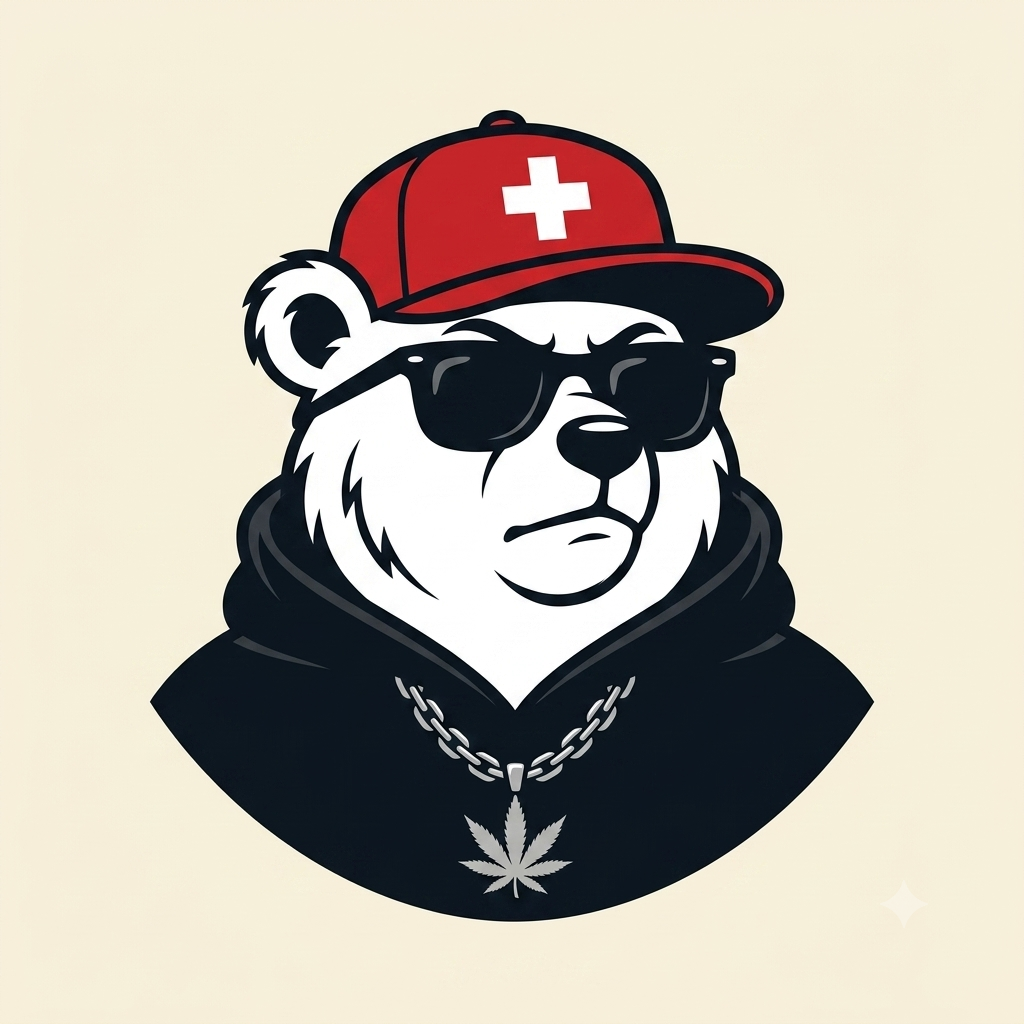 L’Ours HOW HIGH avec lunettes noires et casquette suisse.